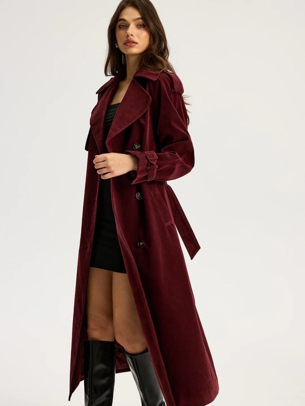 Commense Belted Double-Breasted Suede Effect Long Trench Coat - Picture 3 of 13